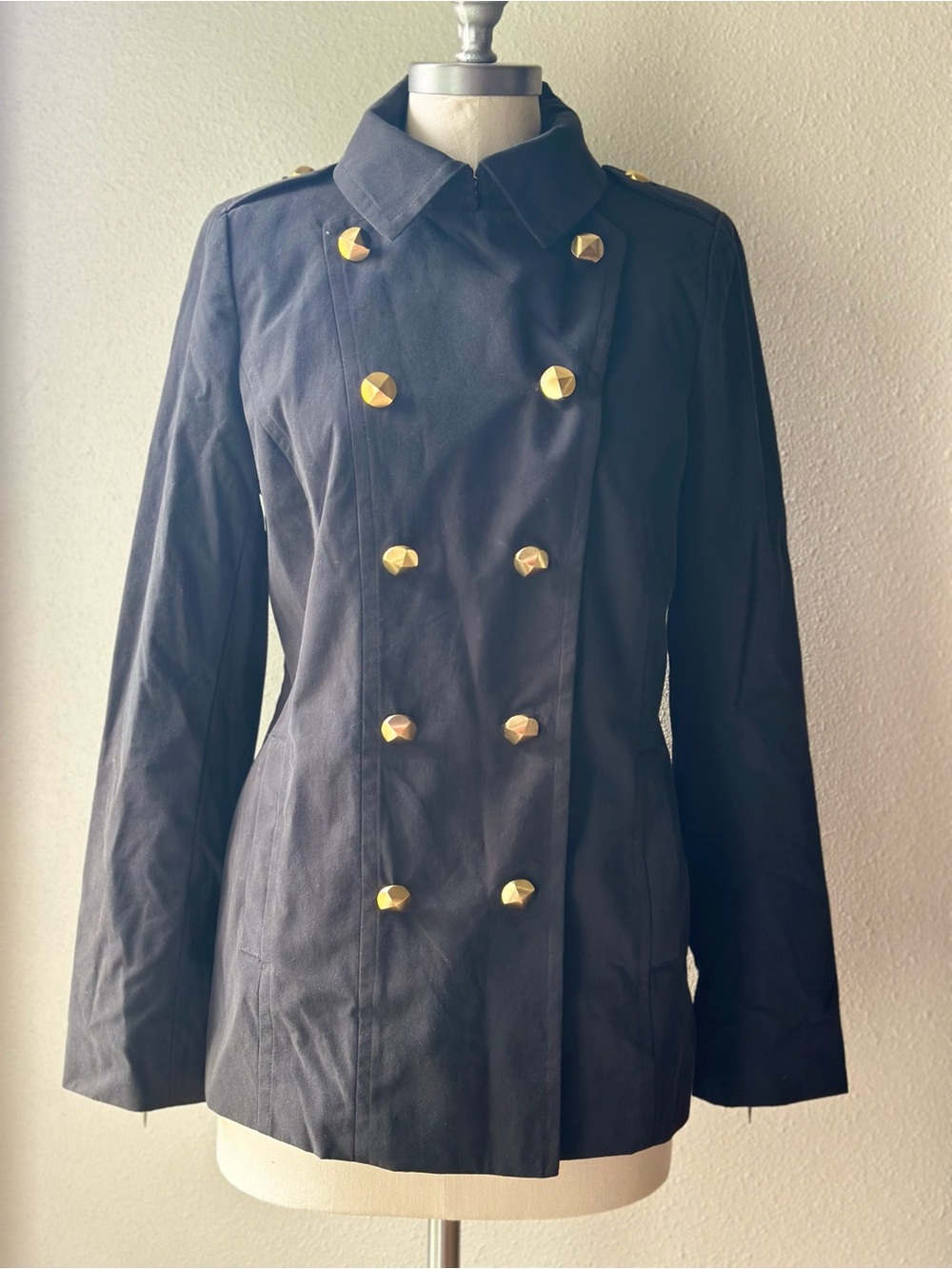 RACHEL Rachel Roy Military Peacoat Jacket Black Gold Pyramid Buttons Womens M